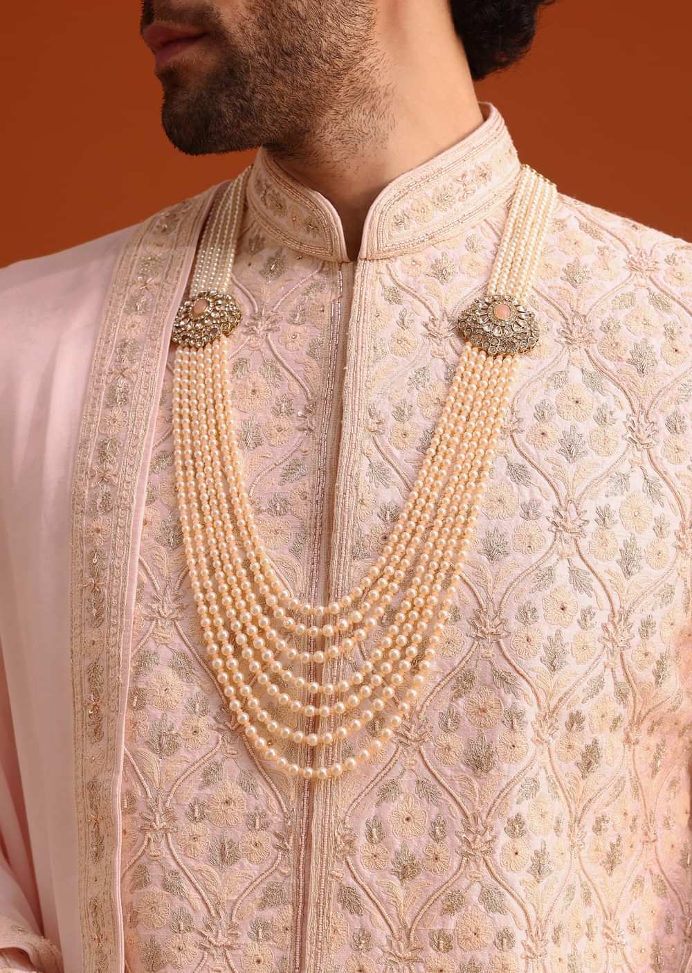 Pink Silk Embroidered Sherwani Set With Dupatta