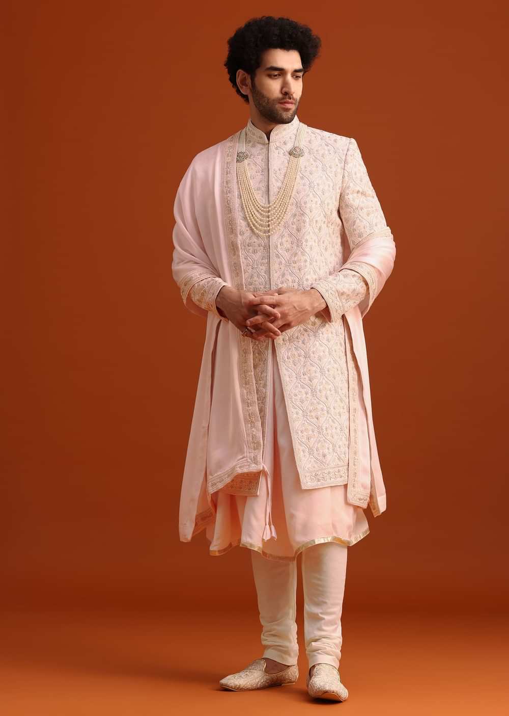 Pink Silk Embroidered Sherwani Set With Dupatta