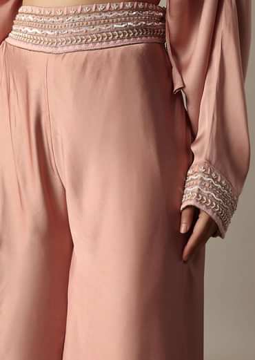 Pink Silk Embroidery Crop Top With Palazzo