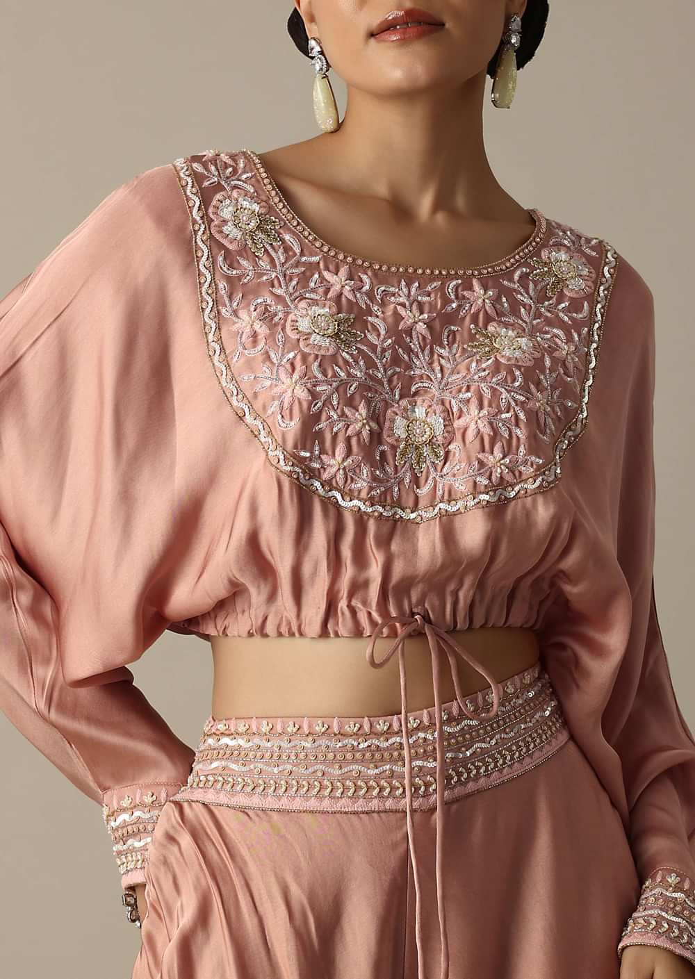 Pink Silk Embroidery Crop Top With Palazzo