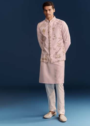 Pink Silk Floral Kurta Jacket Set With Resham And Cutdana Detailing