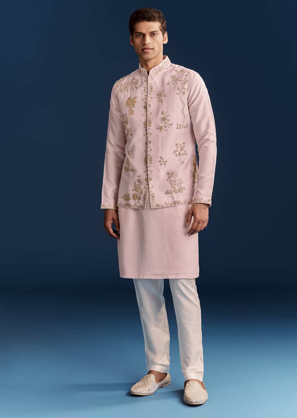 Pink Silk Floral Kurta Jacket Set With Resham And Cutdana Detailing