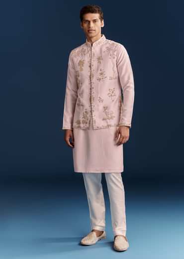 Pink Silk Floral Kurta Jacket Set With Resham And Cutdana Detailing