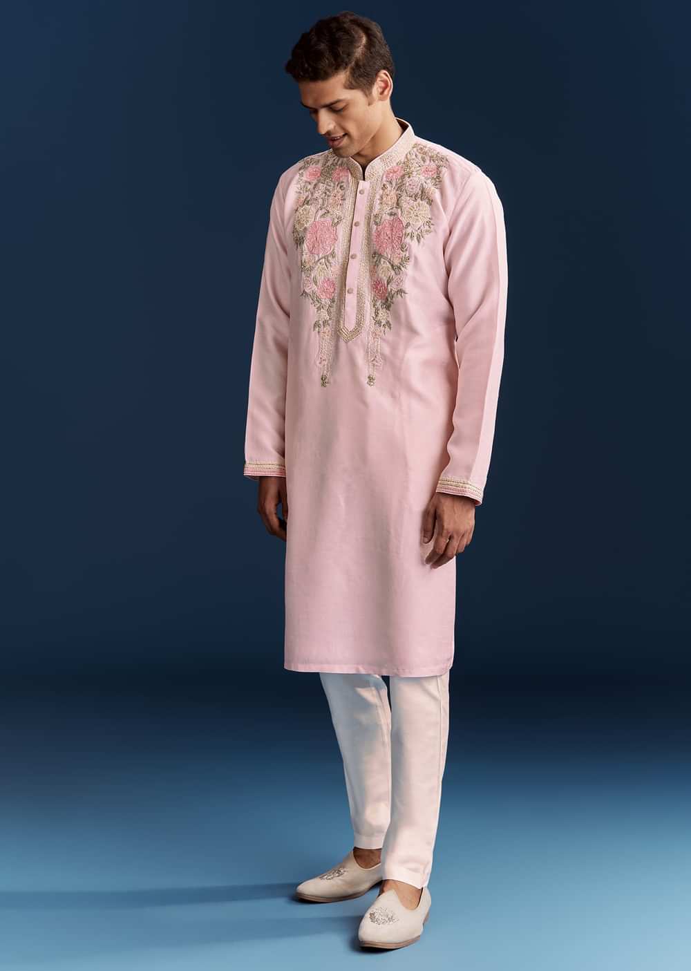 Pink Silk Flroal Printed Kurta Set With Resham Work