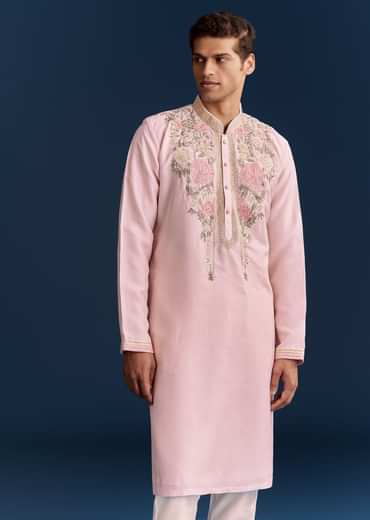 Pink Silk Flroal Printed Kurta Set With Resham Work