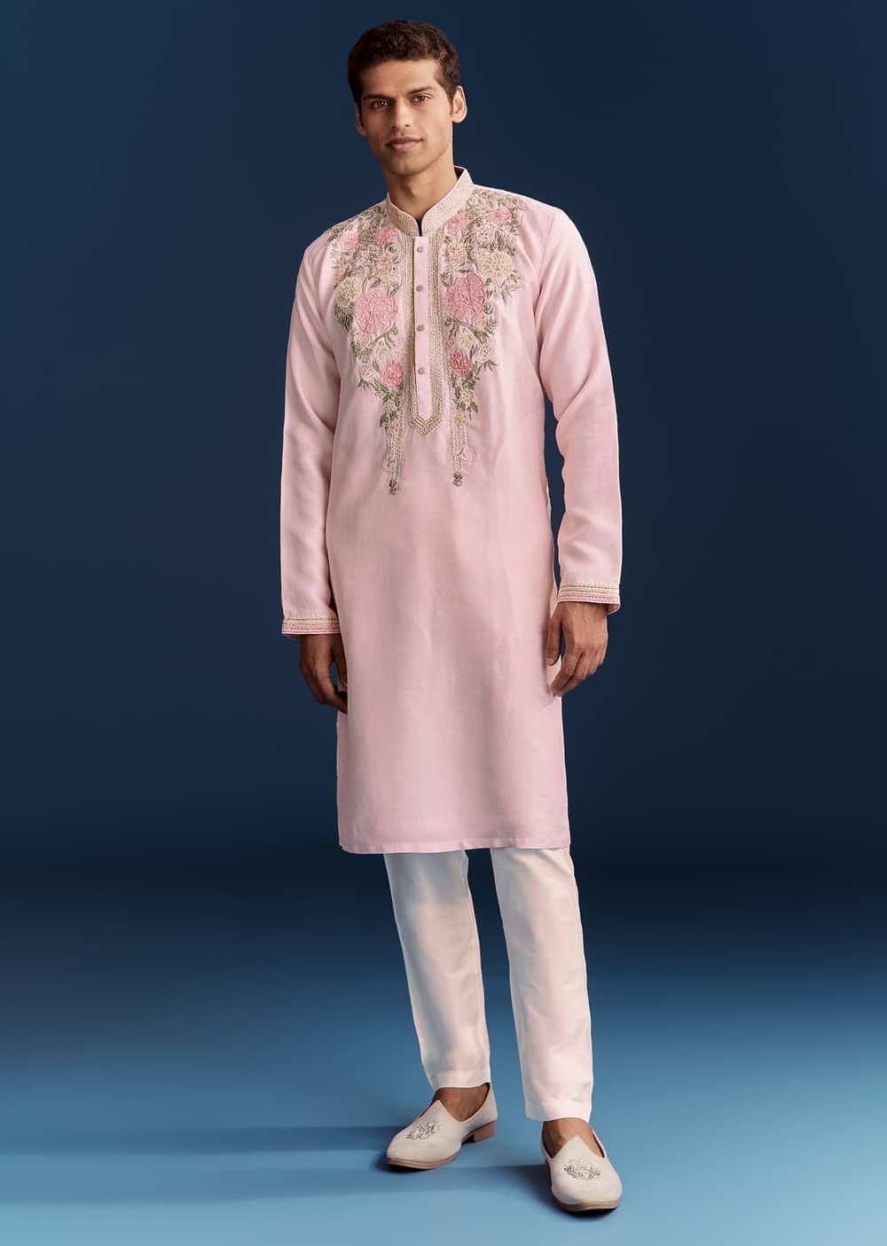 Pink Silk Flroal Printed Kurta Set With Resham Work
