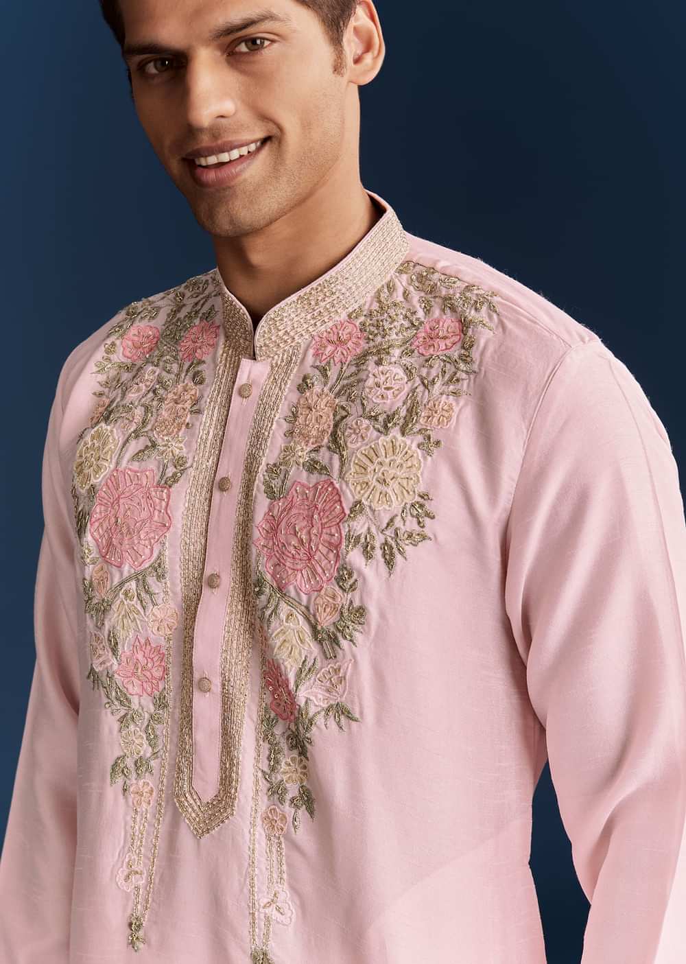 Pink Silk Flroal Printed Kurta Set With Resham Work