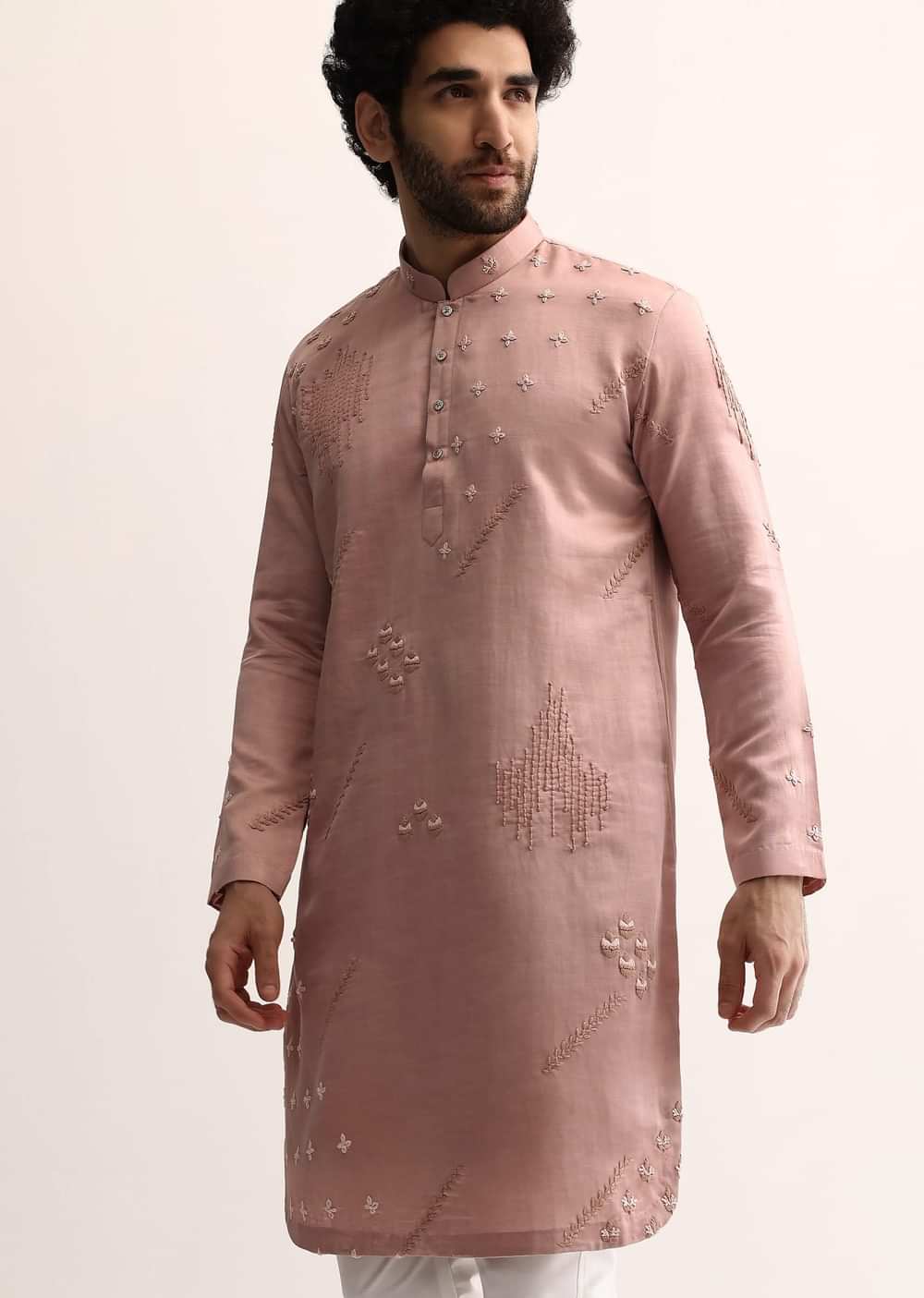 Pink Silk Handwork Kurta Set For Men