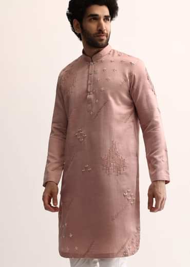 Pink Silk Handwork Kurta Set For Men