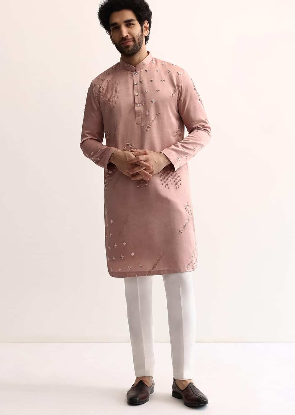 Pink Silk Handwork Kurta Set For Men
