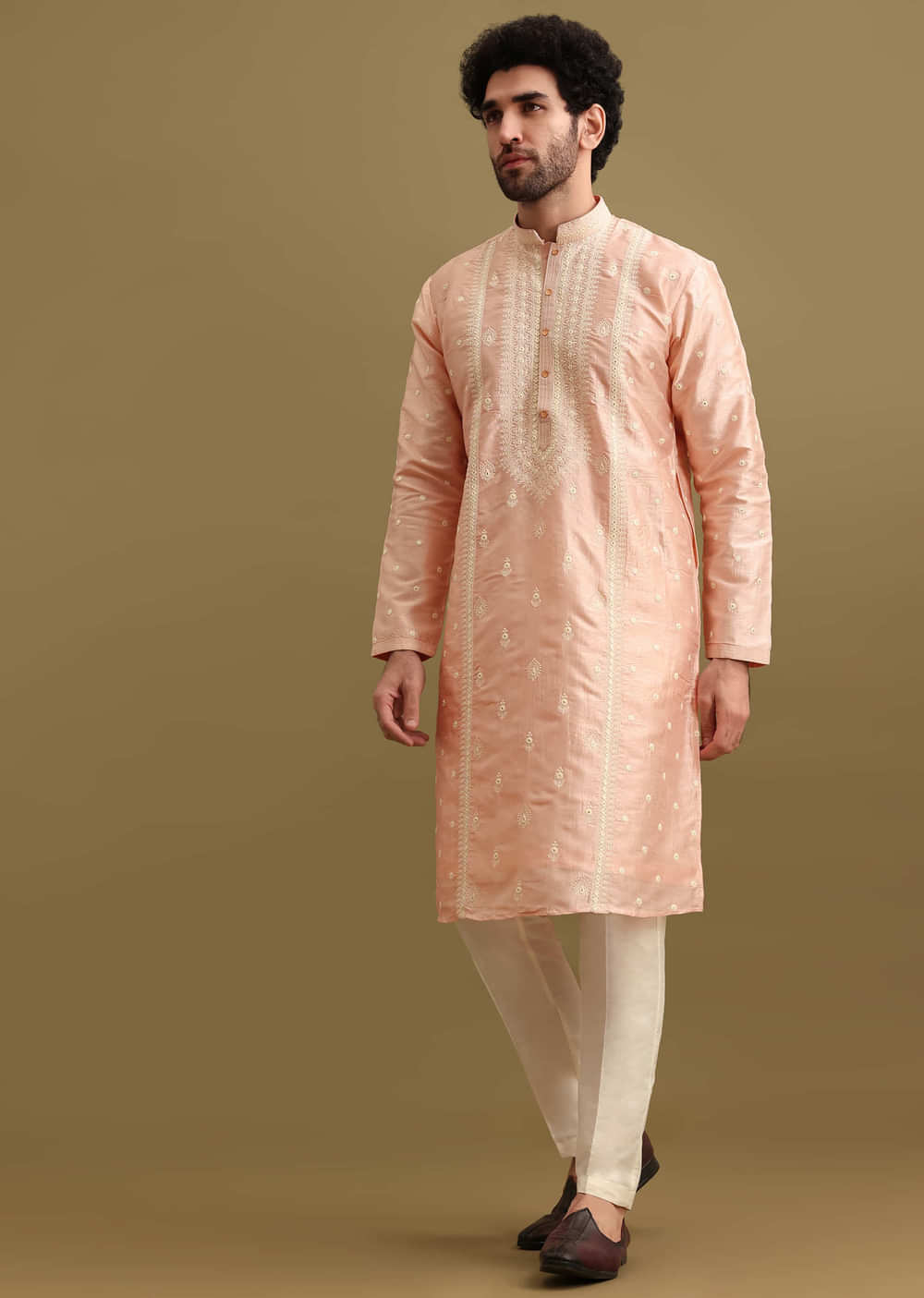 Pink Silk Kurta Set In Resham Work For Men