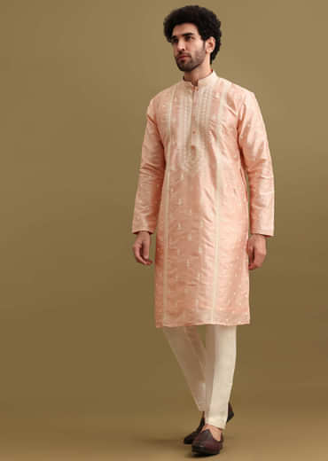 Pink Silk Kurta Set In Resham Work For Men