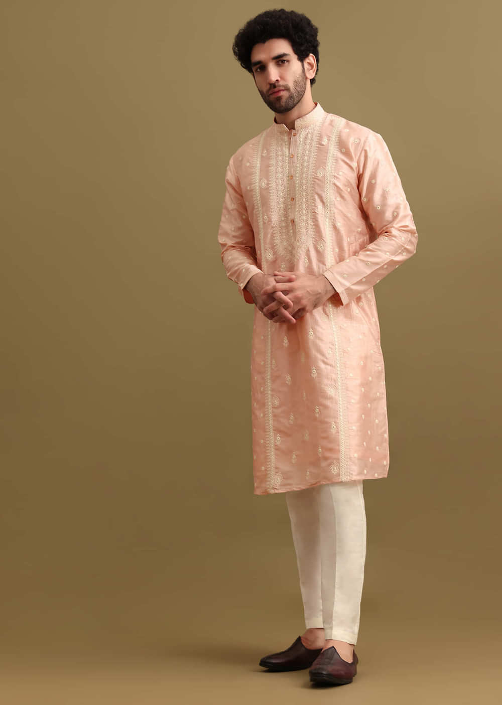 Pink Silk Kurta Set In Resham Work For Men