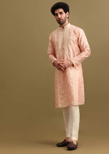 Pink Silk Kurta Set In Resham Work For Men