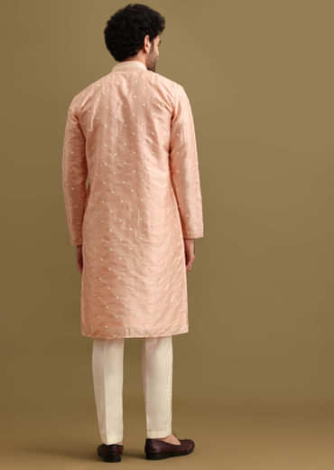 Pink Silk Kurta Set In Resham Work For Men