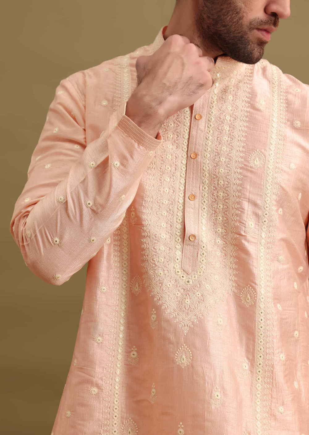 Pink Silk Kurta Set In Resham Work For Men