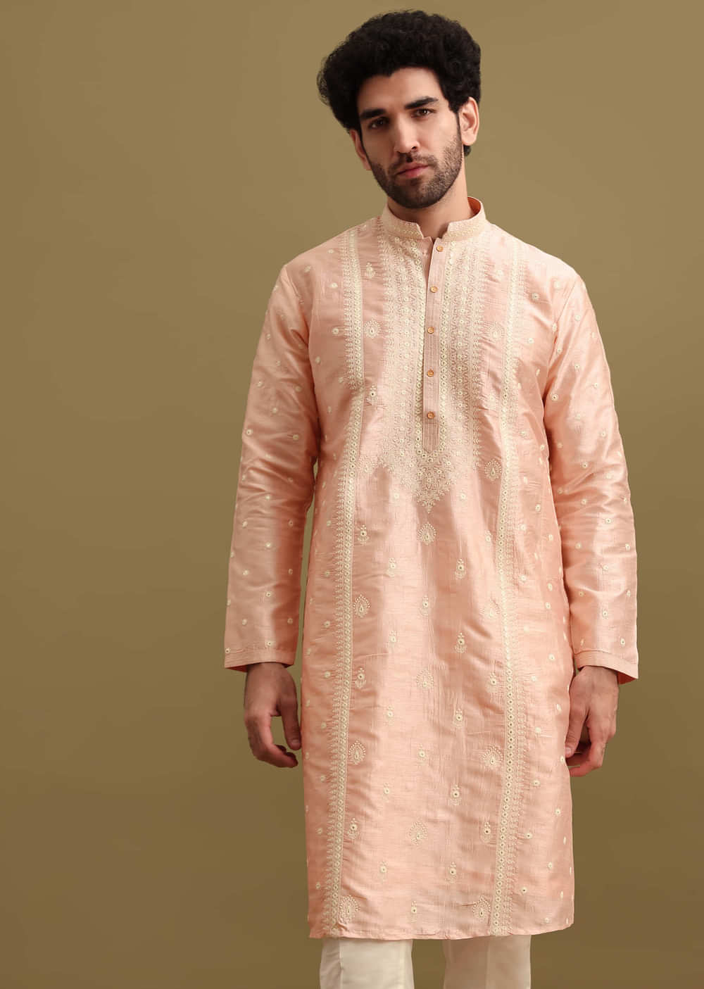 Pink Silk Kurta Set In Resham Work For Men