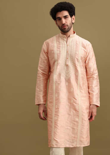 Pink Silk Kurta Set In Resham Work For Men