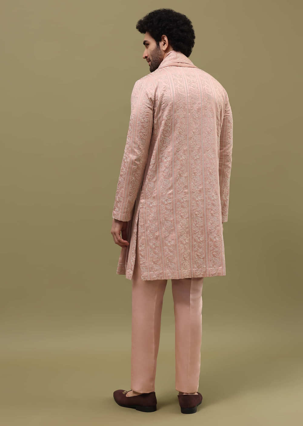 Pink Silk Kurta Set In Resham Work With Dupatta For Men
