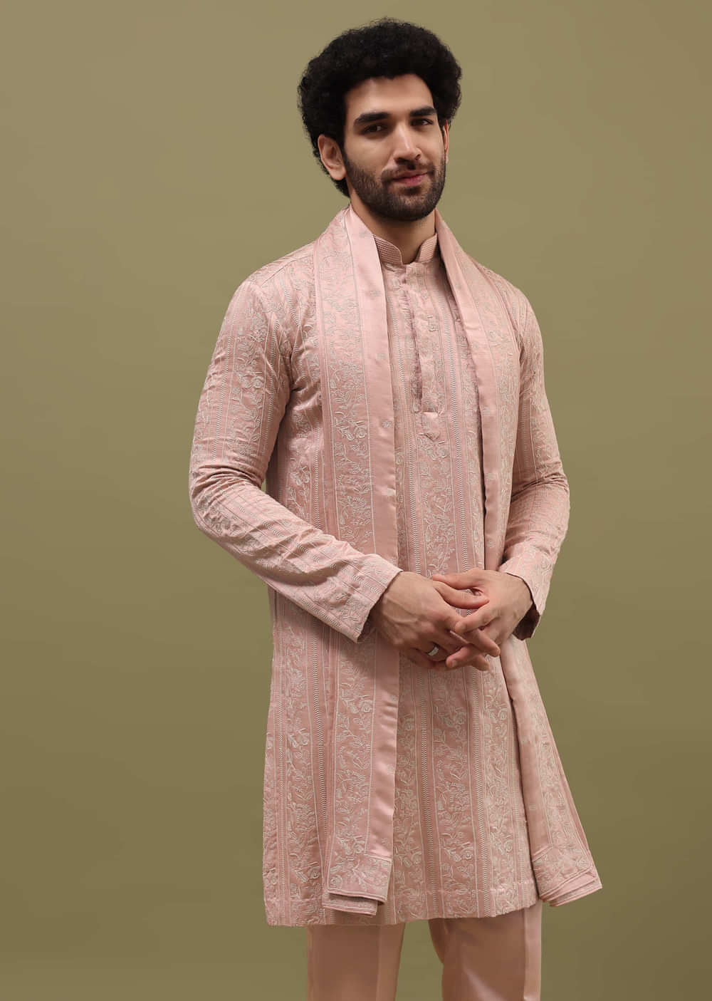 Pink Silk Kurta Set In Resham Work With Dupatta For Men