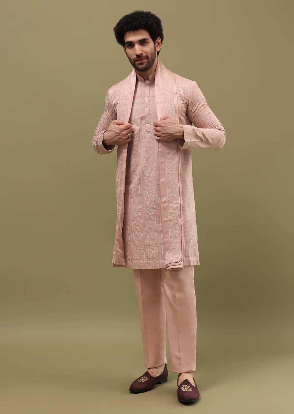 Pink Silk Kurta Set In Resham Work With Dupatta For Men