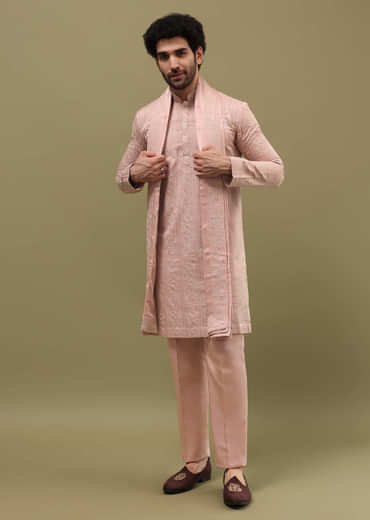 Pink Silk Kurta Set In Resham Work With Dupatta For Men