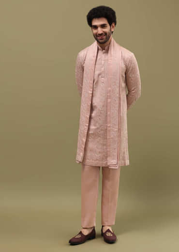 Pink Silk Kurta Set In Resham Work With Dupatta For Men