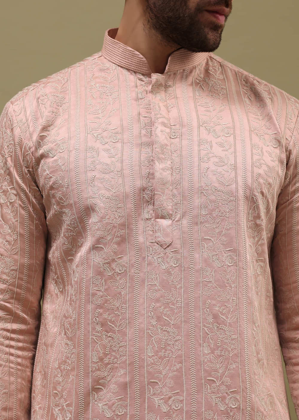 Pink Silk Kurta Set In Resham Work With Dupatta For Men