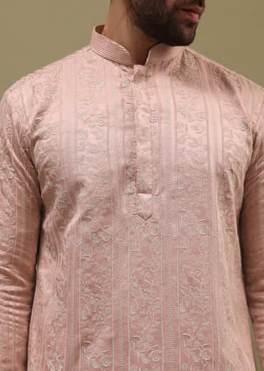 Pink Silk Kurta Set In Resham Work With Dupatta For Men