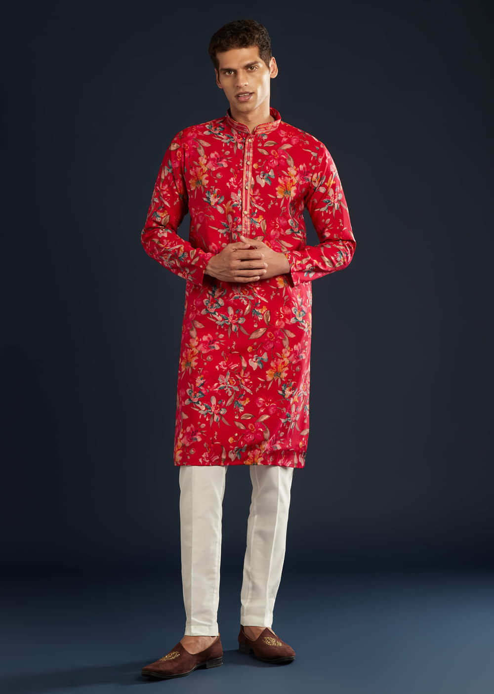 Pink Silk Kurta Set with Floral Motifs