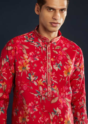 Pink Silk Kurta Set with Floral Motifs