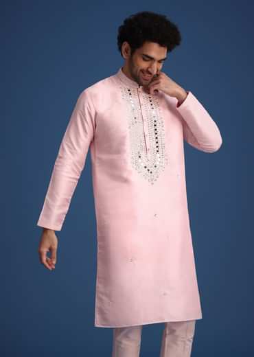 Pink Silk Kurta Set With Mirror Work