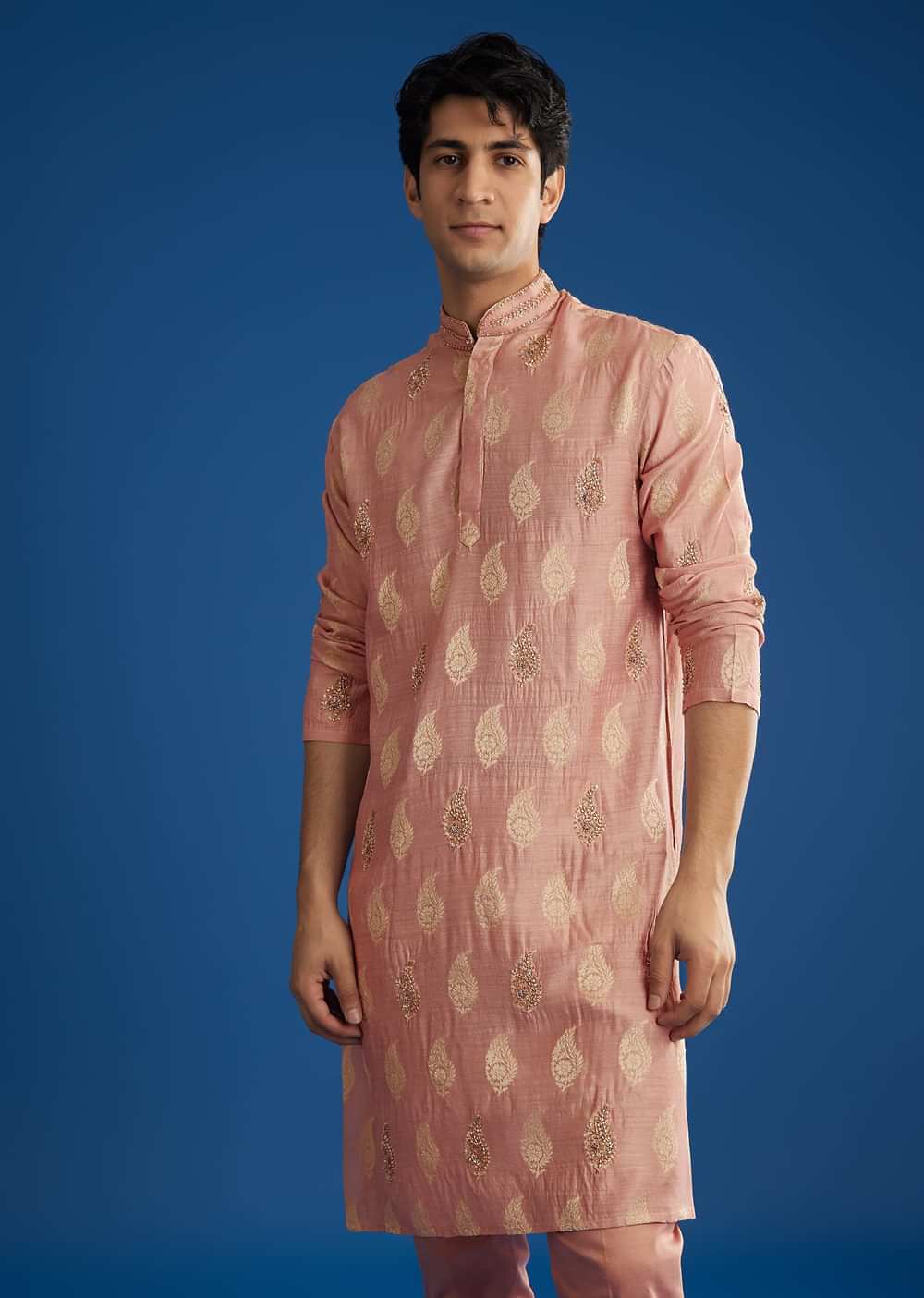 Pink Munga Silk Embroidered Butti Kurta Set
