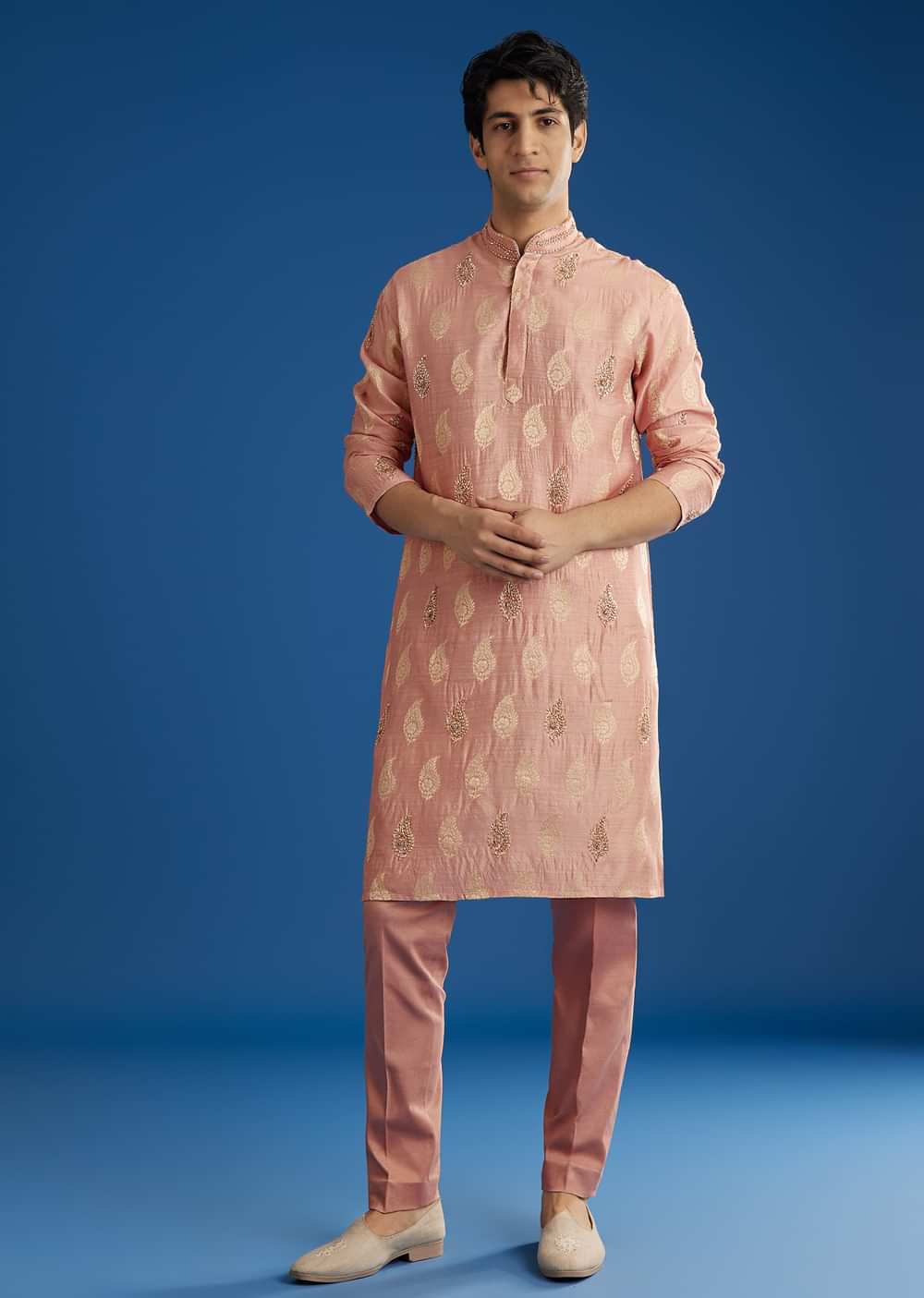Pink Munga Silk Embroidered Butti Kurta Set