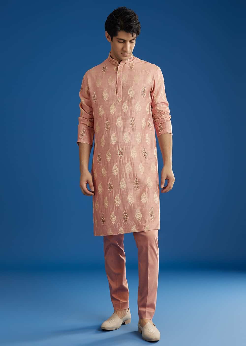 Pink Munga Silk Embroidered Butti Kurta Set