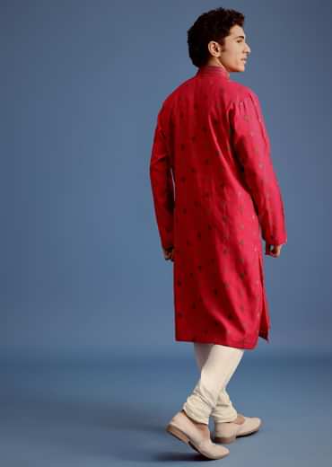 Fuchsia Pink Silk Printed Kurta Set For Men