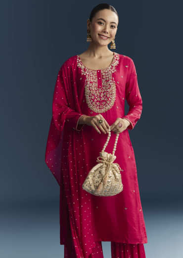 Pink Silk Sharara Suit With Zardosi And Sequins Embroidery