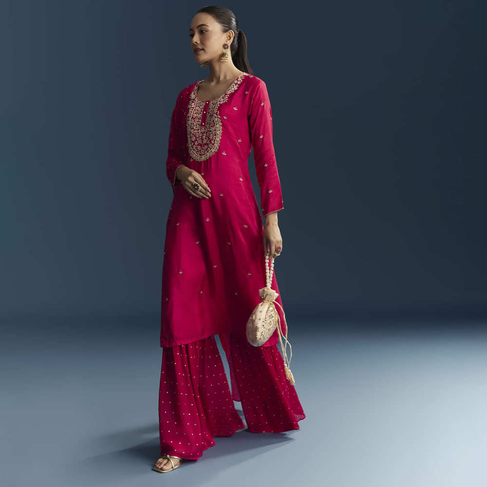 Pink Silk Sharara Suit With Zardosi And Sequins Embroidery