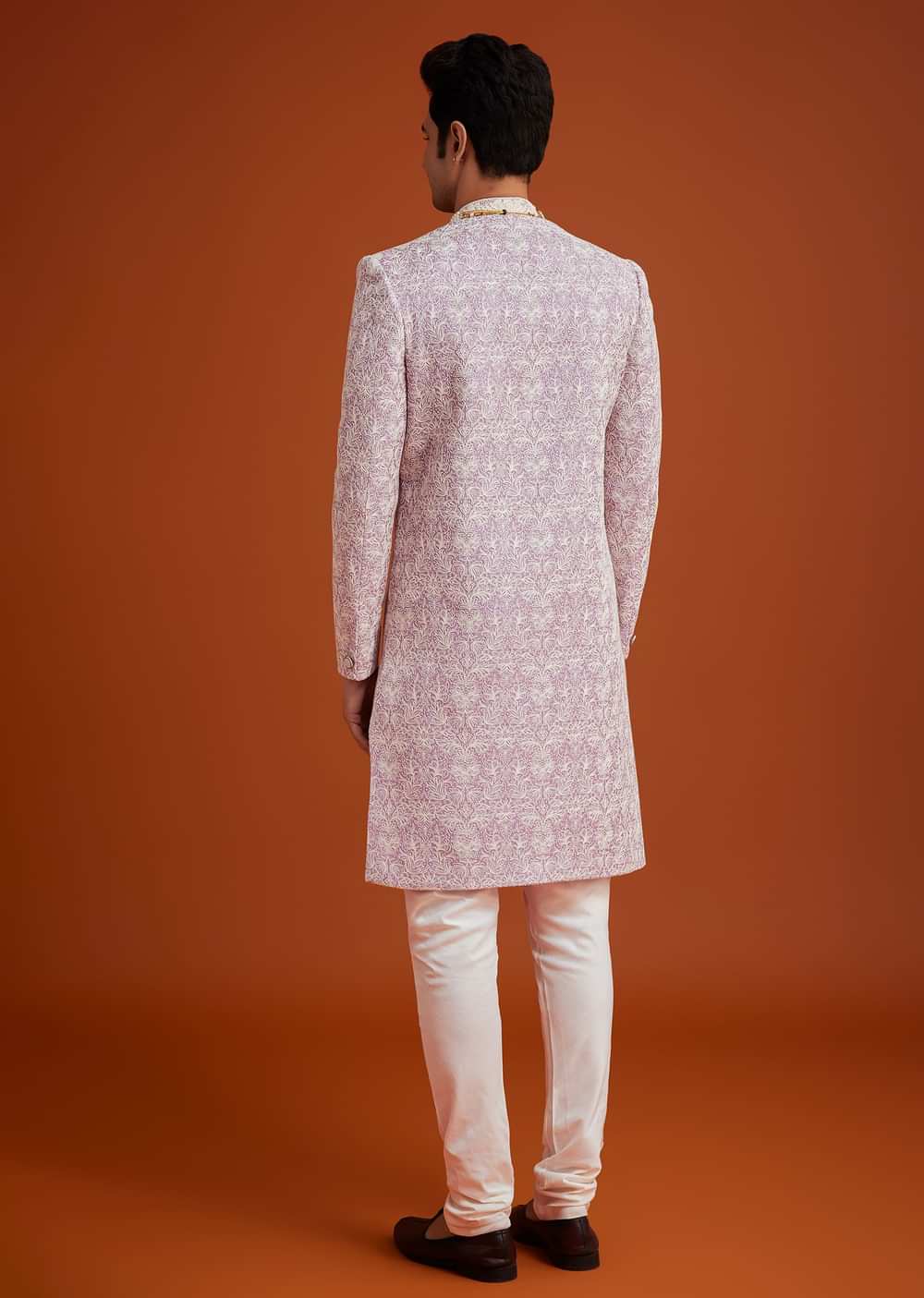 Pink Silk Sherwani Set With Bead Work On Collar