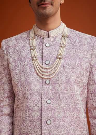 Pink Silk Sherwani Set With Bead Work On Collar