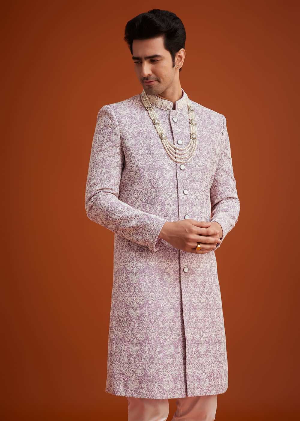 Pink Silk Sherwani Set With Bead Work On Collar