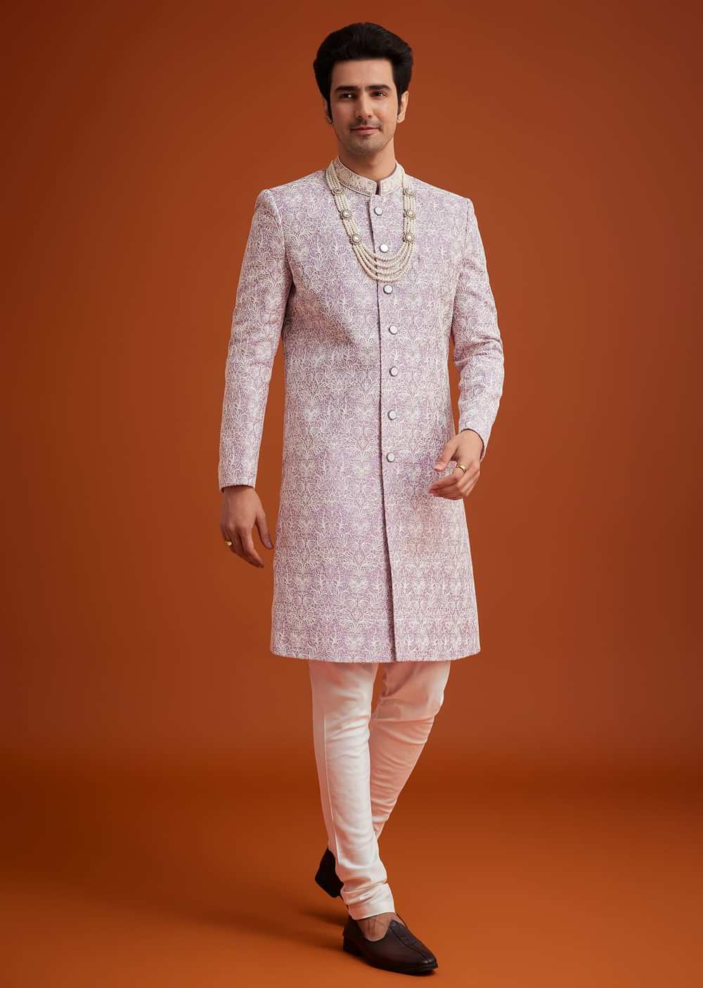 Pink Silk Sherwani Set With Bead Work On Collar