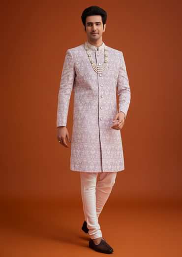 Pink Silk Sherwani Set With Bead Work On Collar