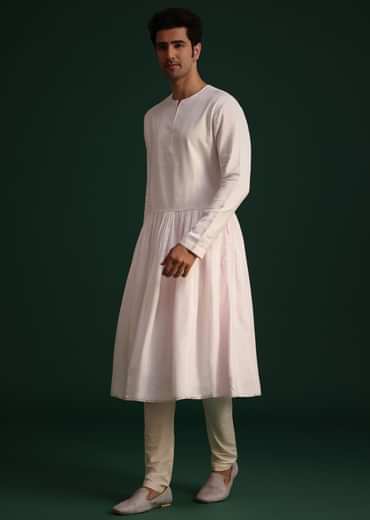 Pink Silk Threadwork Sherwani Set With Anarkali Kurta