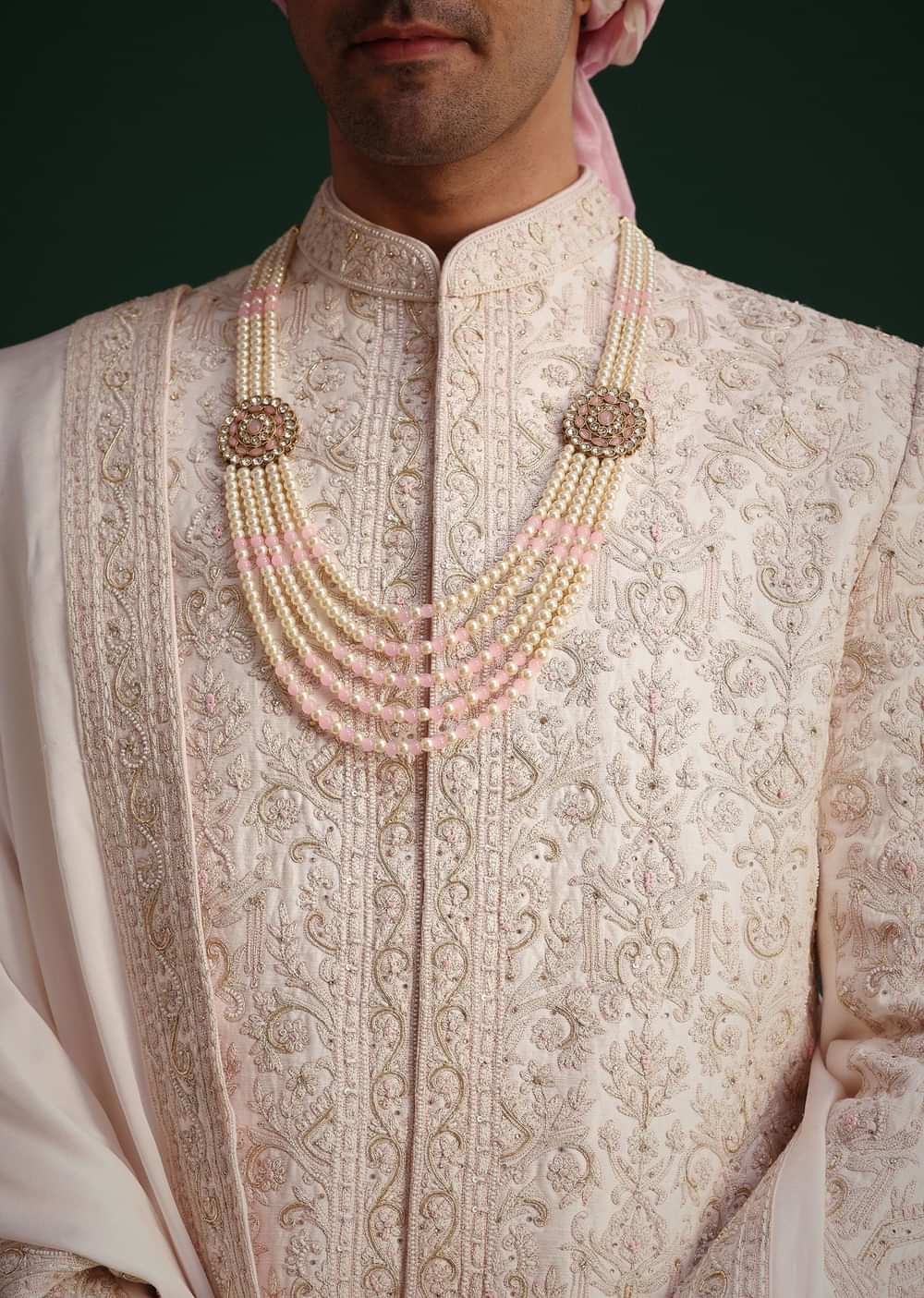 Pink Silk Threadwork Sherwani Set With Anarkali Kurta