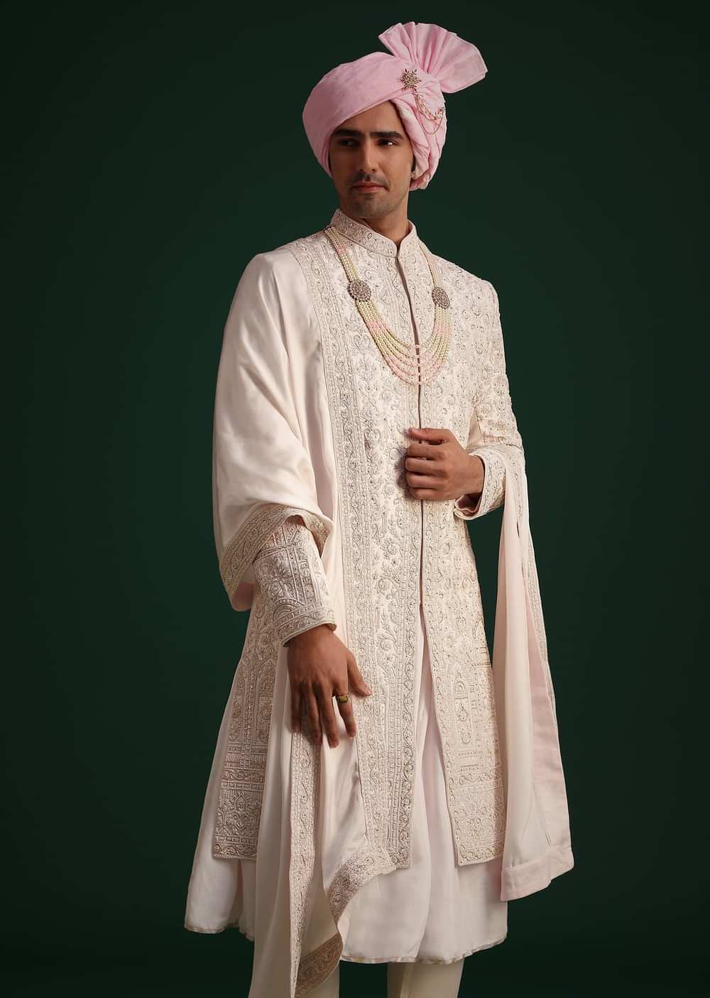 Pink Silk Threadwork Sherwani Set With Anarkali Kurta