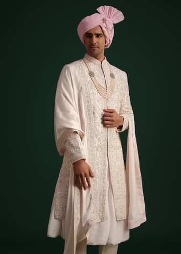 Pink Silk Threadwork Sherwani Set With Anarkali Kurta