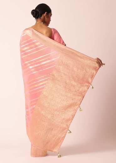 Pink Striped Tissue Silk Saree with Brocade Border Pallu And Unstitched Blouse Piece