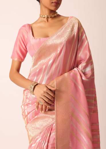Pink Striped Tissue Silk Saree with Brocade Border Pallu And Unstitched Blouse Piece