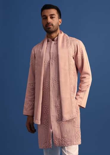 Pink Thread Handowork Kurta Set With Dupatta